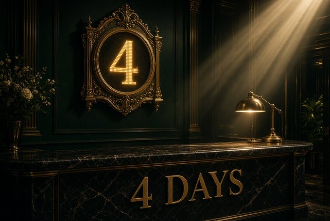 A dramatic, dimly lit reception desk scene featuring an ornate illuminated number "4" sign in a gold frame, with "4 DAYS" displayed prominently on the marble counter.