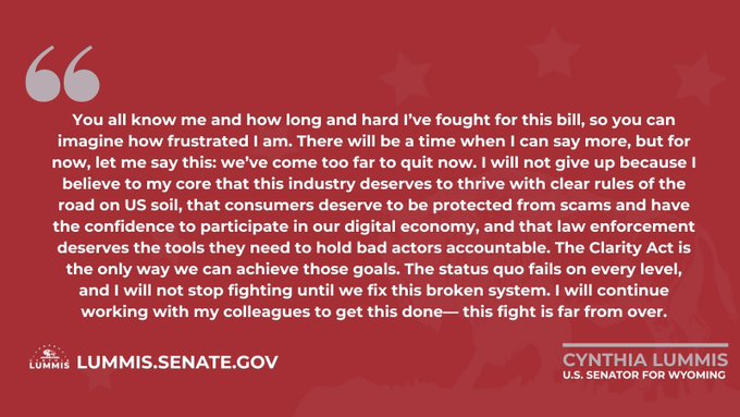 A red graphic featuring a quote from Senator Cynthia Lummis advocating for the Clarity Act to provide regulatory clarity for digital assets while protecting consumers on US soil, with "LUMMIS.SENATE.GOV" and "CYNTHIA LUMMIS, U.S. SENATOR FOR WYOMING" credited at the bottom.