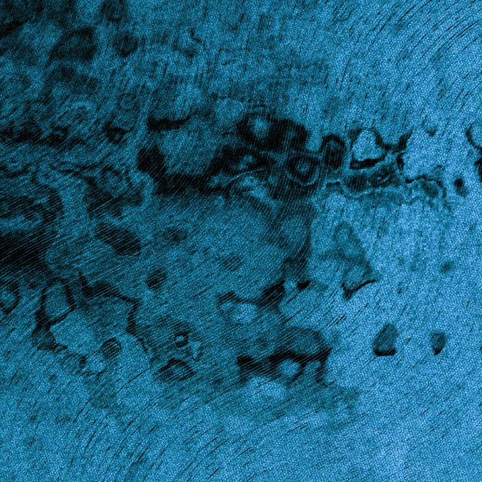An abstract teal and black textured image resembling marbled paint or a microscopic surface with dark splotches.