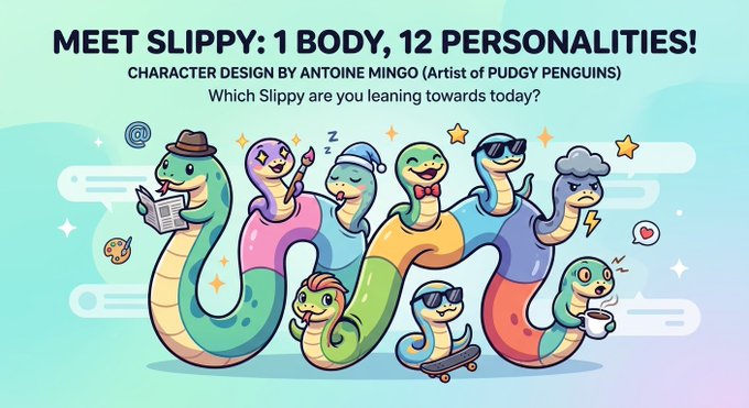 An illustration titled 'MEET SLIPPY: 1 BODY, 12 PERSONALITIES! CHARACTER DESIGN BY ANTOINE MINGO' shows a multi-headed colorful snake character with various personalities including one reading, one sleeping, one with sunglasses, and one on a skateboard.