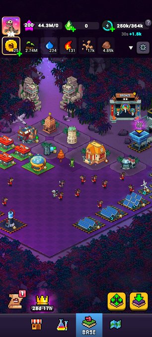 A screenshot of a mobile base-building strategy game showing a purple-tinted base with towers, solar panels, and resources including 44.3M food and 260k energy at the top.