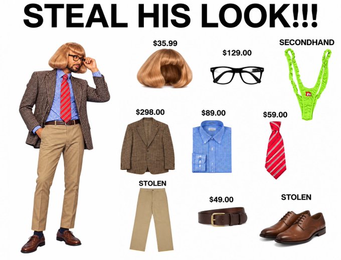 The image shows a "STEAL HIS LOOK!!!" breakdown of a costume labeled "Jean" (Sui's co-founder), itemizing each piece of his outfit with prices—including a wig ($35.99), glasses ($129.00), a green horn necklace (marked "SECONDHAND"), a tweed jacket ($298.00), a blue gingham shirt ($89.00), a red striped tie ($59.00), khakis (marked "STOLEN"), a brown belt ($49.00), and brown shoes (marked "STOLEN"). The post encourages attendees of Sui Basecamp 2026 to dress up as Jean and flood the event, turning the conference into a sea of identical "Jeans" to be hilariously disruptive.