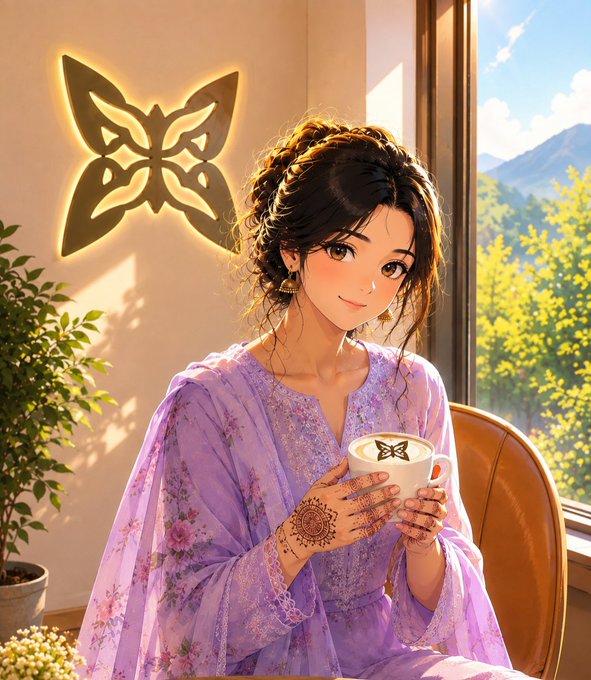 An anime-style illustration depicts a woman with henna-decorated hands holding a coffee cup with butterfly foam art, wearing a purple floral garment in a sunlit room with butterflies on the wall.
