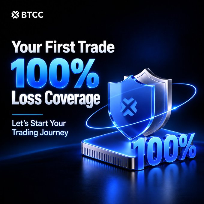 A digital promotional graphic for BTCC featuring the headline "Your First Trade 100% Loss Coverage" and tagline "Let's Start Your Trading Journey," alongside a glowing blue 3D shield and platform design, reinforcing the post's claim about BTCC being a top choice for new traders.