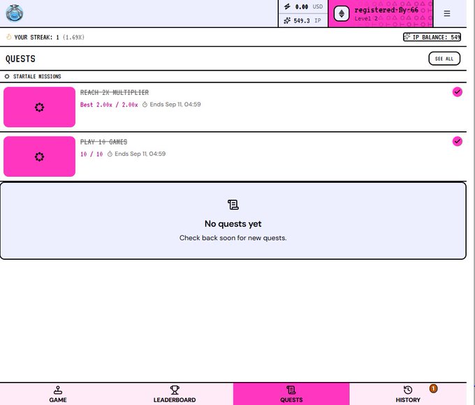 A mobile app screenshot showing a Quests page with tasks like "REACH-2X-MULTIPLIER" and "PLAY-10-GAMES" under "STARTABLE MISSIONS," displaying a TP balance of 549.