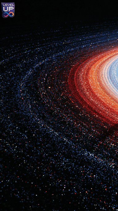 A cosmic, abstract image featuring a swirling galaxy-like vortex of red, orange, white, and blue particles against a dark background, with a 'Level Up' logo in the top left corner.