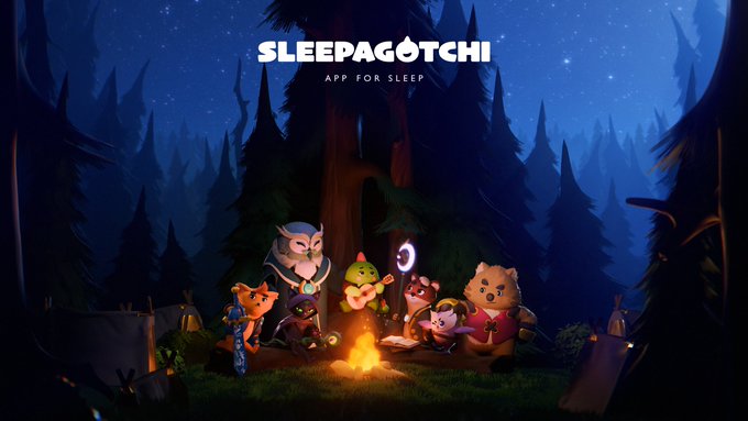 A nighttime illustration for "SLEEPAGOTCHI APP FOR SLEEP" showing a group of cute animated animal characters gathered around a glowing campfire in a dark pine forest under a starry sky.