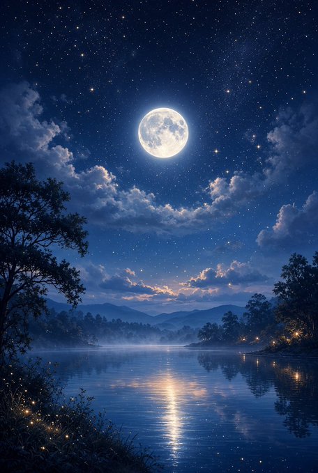 A serene nighttime landscape illustration featuring a bright full moon in a starry sky, with its reflection shimmering on a calm lake surrounded by misty mountains and trees.