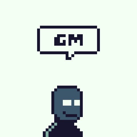 A pixel art image showing a gray figure below a speech bubble containing the letters 'GM' on a pale green background.