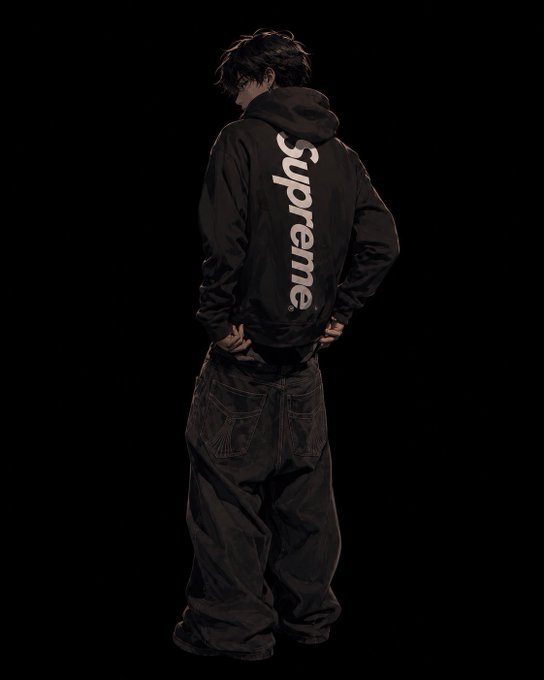 A person viewed from behind wearing a black 'Supreme' jacket and baggy dark pants against a black background.