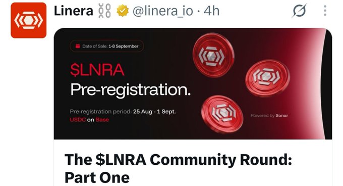 A social media post by Linera (@linera_io) announcing '$LNRA Pre-registration' with a date of sale of 1-8 September and an article titled 'The $LNRA Community Round: Part One.'