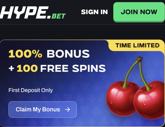 The image is a promotional banner for HYPE.bet advertising a "100% BONUS + 100 FREE SPINS" offer for first-time depositors, with a "Claim My Bonus" call-to-action button. The promotion aligns with the post's offer to deposit match users interested in trying out the hypebet gambling platform.