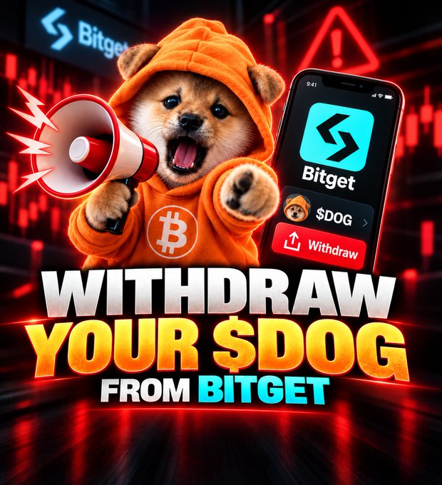 A cartoon dog wearing an orange Bitcoin hoodie shouts into a megaphone next to a smartphone displaying the Bitget app with $DOG and a red "Withdraw" button, set against a red candlestick chart backdrop. Bold text reads "WITHDRAW YOUR $DOG FROM BITGET," reinforcing the post's call to action to move $DOG tokens off the Bitget exchange.