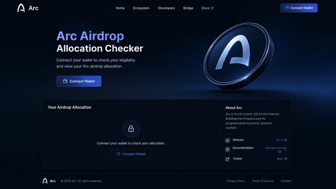 The image shows the Arc Airdrop Allocation Checker webpage, where users can connect their wallet to verify eligibility and view their ARC token allocation. The page displays "Arc Airdrop Allocation Checker," a "Connect Wallet" button, and an "About Arc" section describing it as "the Economic OS for the Internet" for programmable economic systems onchain.

This directly relates to the post about ARC's mainnet and airdrop updates, as the webpage serves as the official tool where community members will eventually be able to check their airdrop allocation once community details are announced.