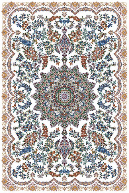 An ornate Persian/Oriental-style rug pattern featuring a large central star medallion with intricate floral motifs in blue, red, orange, and green on a white background.