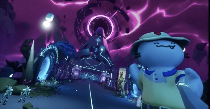 A blue character wearing a cap stands in the foreground of a vibrant purple virtual world with a swirling portal and pyramid-like structure in the background.