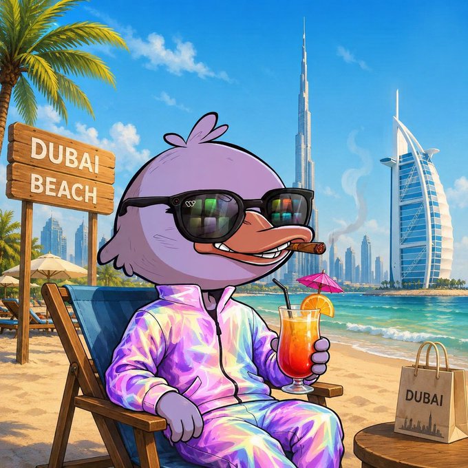 The image features a cartoon duck sitting in a beach chair, holding an orange drink with a straw and sunglasses. The background of the image shows a city skyline, including a tall building that says "Dubai Beach" written on it. There is also a sign for "Early GM Happy Tuesday", which could be related to the post about markets being smarter than allocation committees.