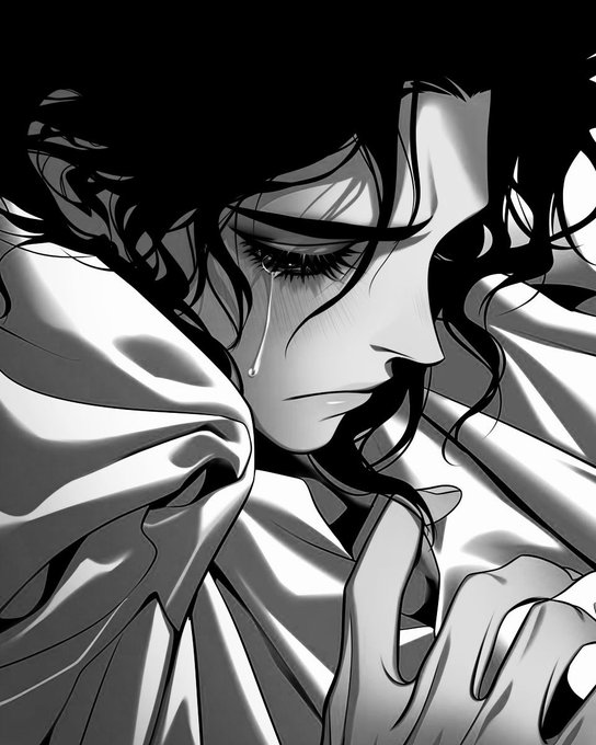 A black and white anime-style illustration of a person with dark hair and closed eyes, with a single tear falling down their face.