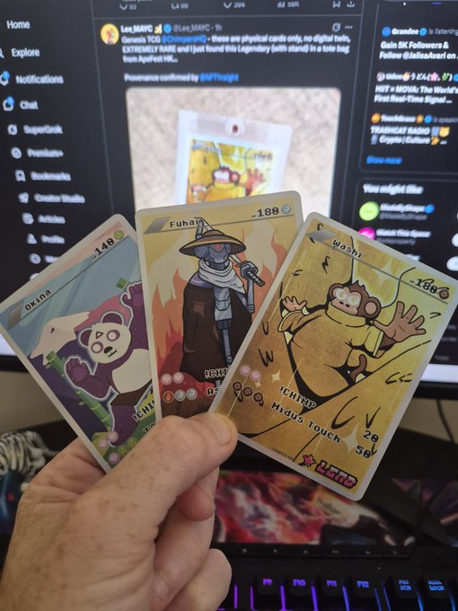 A hand holding three physical Pokémon trading cards (Chimecho, Fuhara, and Wachi) in front of a laptop displaying a Twitter/X post about the cards.