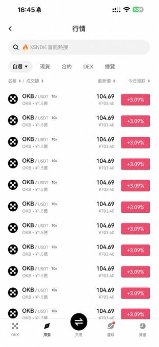 The image shows a cryptocurrency trading app displaying market data for OKB/USDT pairs, with each entry showing a price of 104.69, volume of ¥703.40, and a 10x leverage option alongside a +3.09% daily gain. The screen appears to be on the "行情" (Market) tab of what looks like the OKX exchange, with "OKB / USDT 10x" and "OKB · ¥1.5億" repeating across multiple listings, suggesting a potential display bug or duplicate entries that aligns with the "This needs to be checked too!" comment.