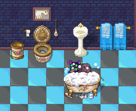 A pixel art scene of a bathroom with blue and black checkered floor tiles, featuring a toilet, bidet, sink, and a character with purple hair relaxing in a bubble bath.