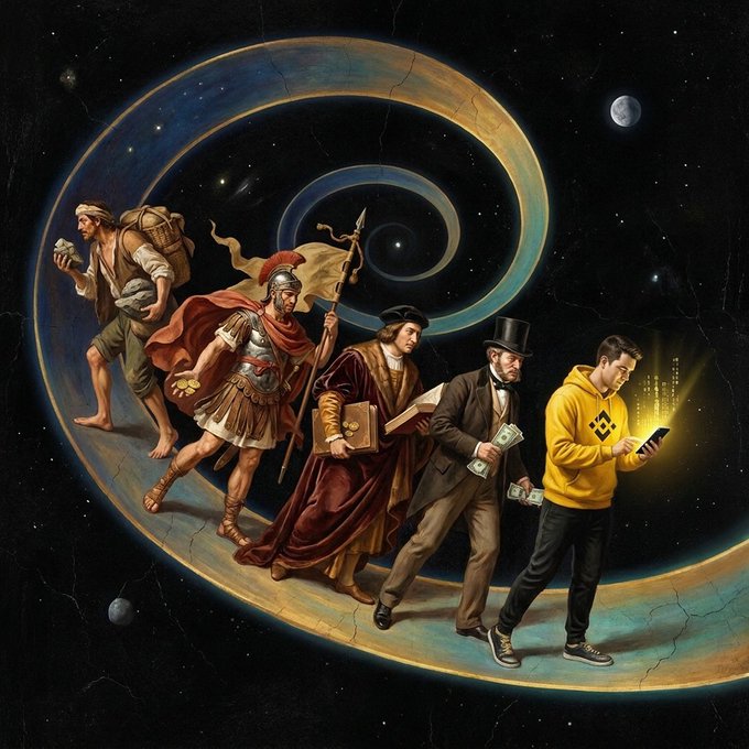 A spiral timeline of human progress depicts figures advancing from a caveman clutching a stone, through a Roman soldier, a medieval scholar, a Victorian gentleman with money, to a modern man in a yellow hoodie engrossed in a glowing smartphone—visually tracing humanity's evolution from primitive tools to digital technology, as the post "From stones to smartphones" suggests.