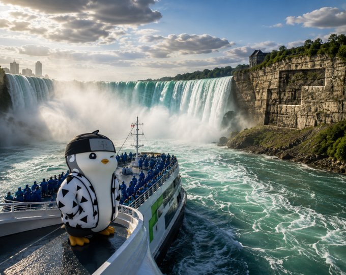 An AI-generated scene showing a penguin mascot character on a tour boat approaching Niagara Falls, with passengers in blue jackets on the deck.