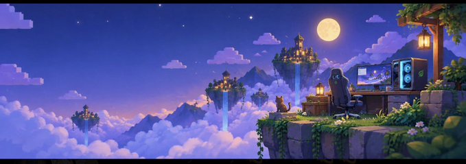 A gamer sits at a pixel-art PC setup overlooking floating islands under a full moon, illustrating the post's concept of building, upgrading, and maintaining your own custom computer rig in a crypto-themed project.