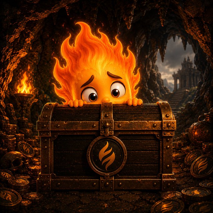 A stylized 3D illustration of a cute fire character with big eyes and an anxious expression peeking out from inside a treasure chest in a dark cave filled with gold coins.