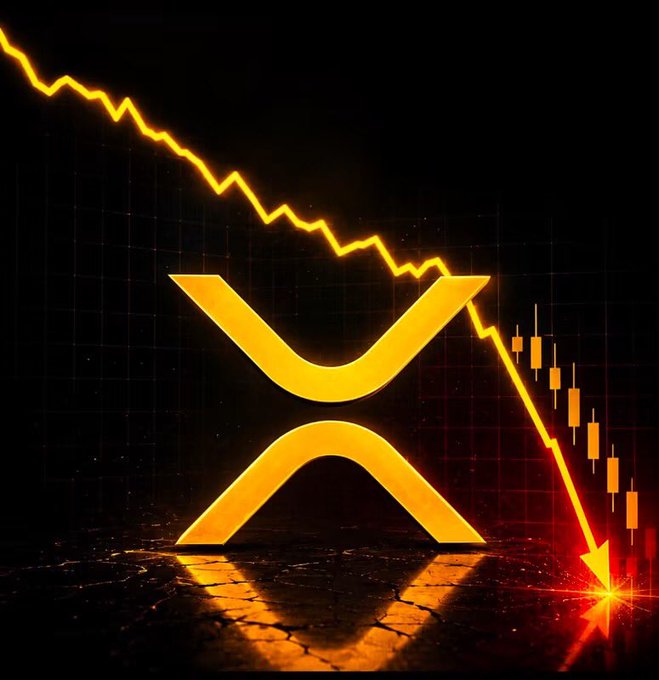 A glowing yellow XRP (Ripple) cryptocurrency logo with a downward-pointing arrow and red candlestick chart against a dark background.