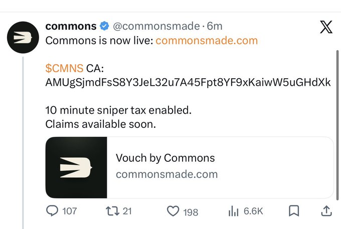 A tweet from Commons (@commonsmade) announces that their platform is now live at commonsmade.com, sharing the $CMNS contract address (AMUgSjmdFsS8Y3JeL32u7A45Fpt8YF9xKaiwW5uGHdXk) and noting a 10-minute sniper tax with claims coming soon. The accompanying post calls out Solana for allegedly promoting the project as a rug pull, contrasting the celebratory launch announcement with accusations of the token being a scam.