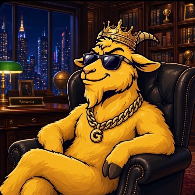 A cartoon illustration of a golden goat wearing a crown, sunglasses, and a chain with a 'G' pendant, lounging in a leather chair in a luxurious office with a nighttime city skyline visible through the window.