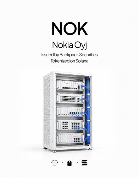 A promotional image for the $NOK token showing "NOK - Nokia Oyj, Issued by Backpack Securities, Tokenized on Solana," featuring Nokia's 5G network infrastructure equipment. The image aligns with the announcement that $NOK is now tokenized on Solana, redeemable 1:1 for Nokia shares, reflecting Nokia's role as a global provider of critical network infrastructure.