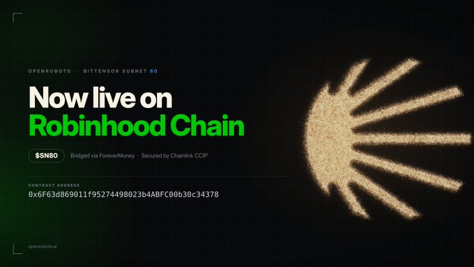 Promotional graphic reading "Now live on Robinhood Chain" for OPENROBOT and BITTENSOR SUBNET 60, displaying a contract address and $SN80 token info.
