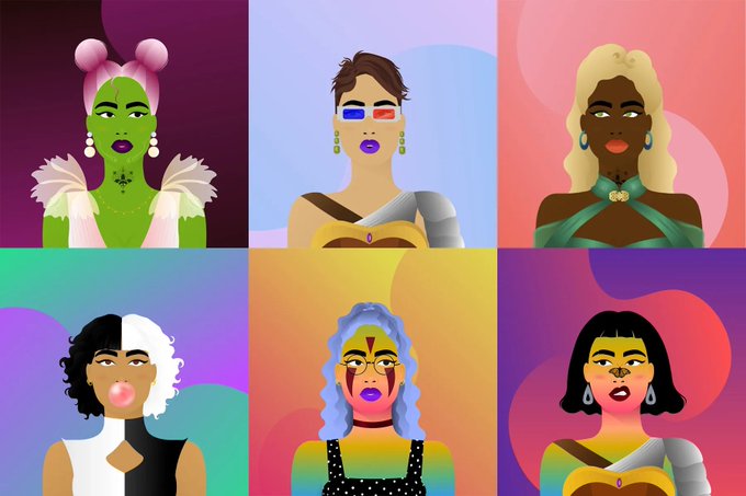 Six illustrated portraits of stylized women with diverse appearances—including a green-skinned figure with pink hair, a blonde in armor, and a blue-haired character with face paint—are displayed in a colorful grid.

The image showcases the diverse array of female characters from the "World of Women" NFT collection, highlighting the artistic style of creator Yam Karkai whose illustrations of unique women form the foundation of the collection launched in July 2021.
