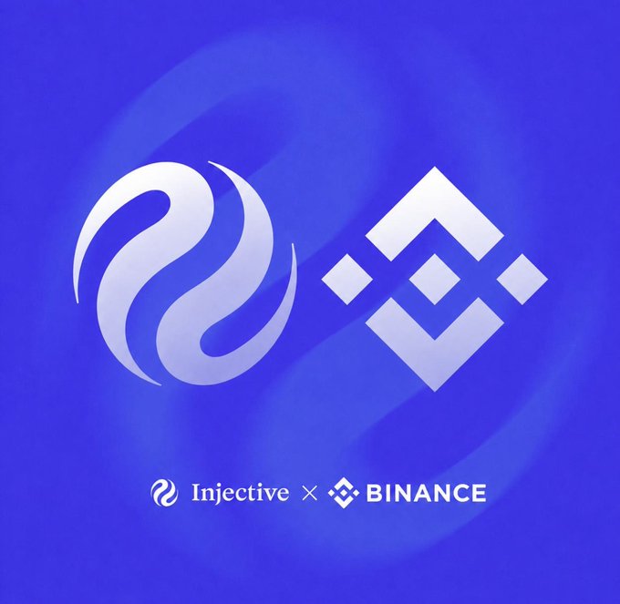A blue promotional graphic showing logos for Injective and Binance with their respective names below, indicating a partnership or collaboration.