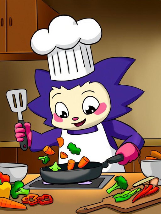 A cartoon illustration of a purple hedgehog-like character wearing a chef's hat and apron, cooking vegetables in a frying pan on a stove.