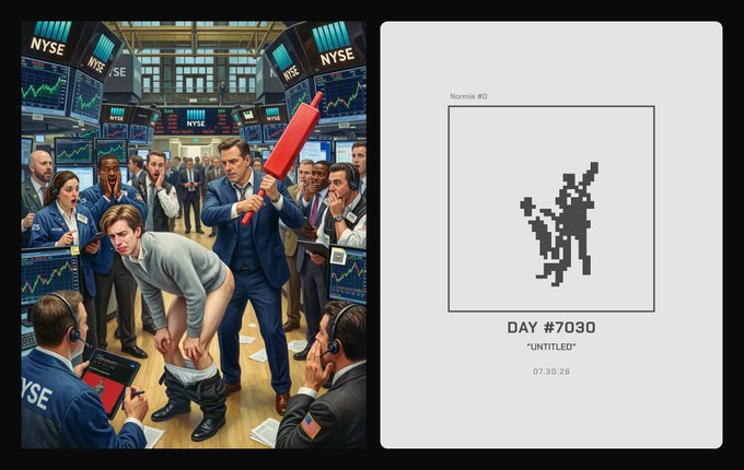 A split image features a chaotic stock trading floor scene on the left, with one trader being spanked with a red paddle, and a minimalist pixel art sketch titled 'DAY #7030 UNTITLED' dated '07.30.25' on the right.