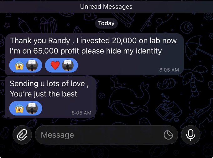 A screenshot of unread Telegram messages thanks 'Randy' for an investment of 20,000, reporting a profit of 65,000 and requesting identity concealment.