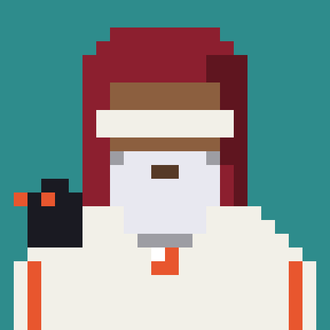 A pixel art illustration of a white character with brown hair and beard, wearing a red cap and white outfit with red accents, holding what appears to be a small object.