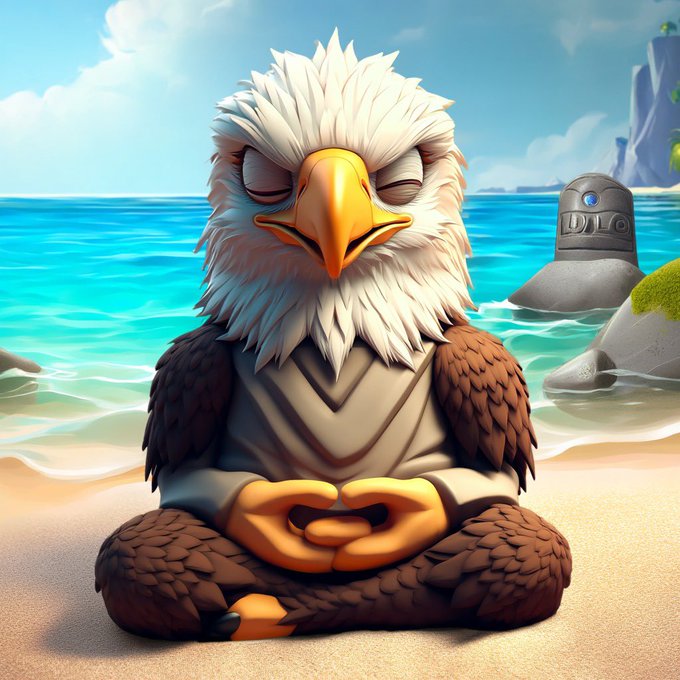 A cartoon bald eagle meditates peacefully in a zen pose on a sandy beach, with the word "WILD" visible on a stone behind it. The eagle's calm, contemplative demeanor complements the post's reflective tone about Beldex Coin's multi-faceted privacy approach, much like the eagle sitting still while encompassing its surroundings.