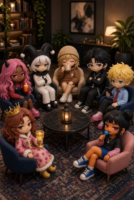 An illustration shows several chibi-style anime characters with various hair colors sitting around a circular table with a glowing lantern in a cozy, dimly lit room.