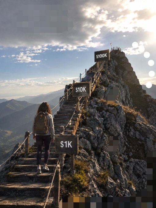 A hiker climbs stone steps up a mountain peak, passing milestone signs marked "$1K," "$10K," and "$100K," visually echoing the post's claim about the rapid, escalator-like progression of wealth in web3—from the first $1K to $100K.