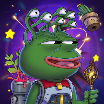 The image features a cartoon frog with green skin, wearing a red and white outfit that includes a backpack. The frog has a large mouth full of teeth and appears to be holding a stick or a sword. In the background, there are stars and plants, creating an otherworldly atmosphere. The caption "Some of my favorite @PepeExplorers reveals" is written below the image, indicating the creator's admiration for the character.