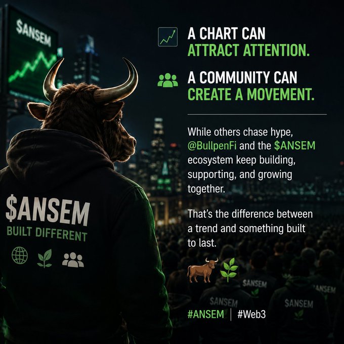 A promotional image featuring a bull in a '$ANSEM' hoodie facing a city skyline at night. Text reads 'A CHART CAN ATTRACT ATTENTION. A COMMUNITY CAN CREATE A MOVEMENT.', promoting the @BullpenFi and $ANSEM ecosystem with hashtags #ANSEM and #Web3.