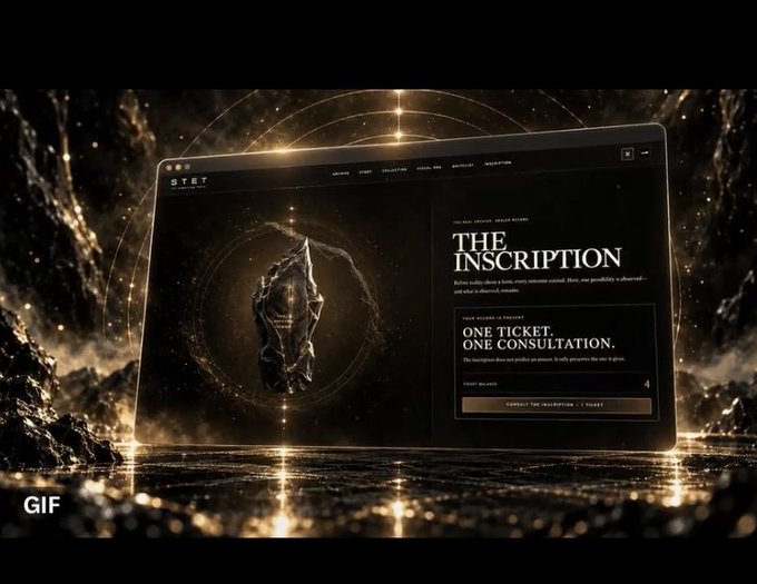 A promotional image for 'THE INSCRIPTION' project on the STET platform, displayed on a laptop screen against a cosmic background, with text reading 'ONE TICKET. ONE CONSULTATION.' and describing it as a ticket to join a rare, eternal concert.