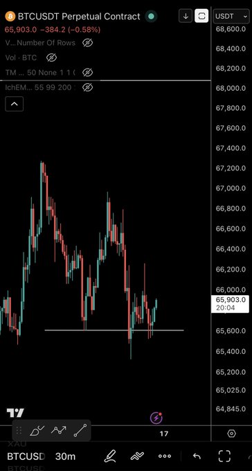 The image shows a phone screen displaying an interactive chart or graph with a black background, likely set up by Bitcoin cryptocurrency prices displayed as Bollinger Bands. The price of Bitcoin appears to be fluctuating quite rapidly over time. A few points are labeled, such as Bitcoin trading, $BTC USDT - Update nicely if we can reclaim $66,600; however, the post only mentions a "New entry" and does not provide any specifics on how to proceed.
