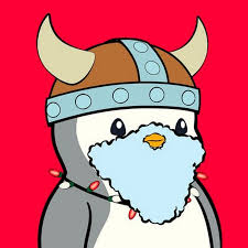 A cartoon penguin character with a white beard wearing a Viking helmet with horns, set against a red background.