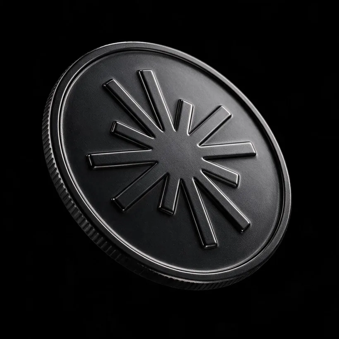 A dark, metallic coin with a starburst design embossed on its face, resting against a black background.