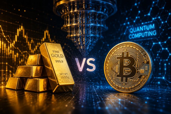 A digital graphic comparing gold bars and a Bitcoin coin with the text 'VS' between them, set against a background featuring a quantum computing chip and stock charts.